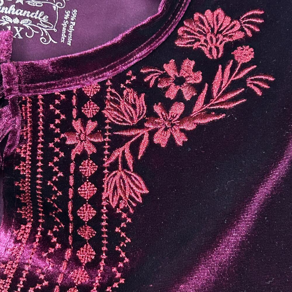 Panhandle Velvet Burgundy Top Women 1X Embroidered NEW Babydoll Fairy Whimsygoth - Picture 5 of 8